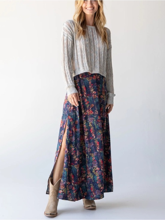NATURAL LIFE Dresses & Skirts - Natural Life Floral Navy multicolored Prairie Maxi Skirt with Side Slit